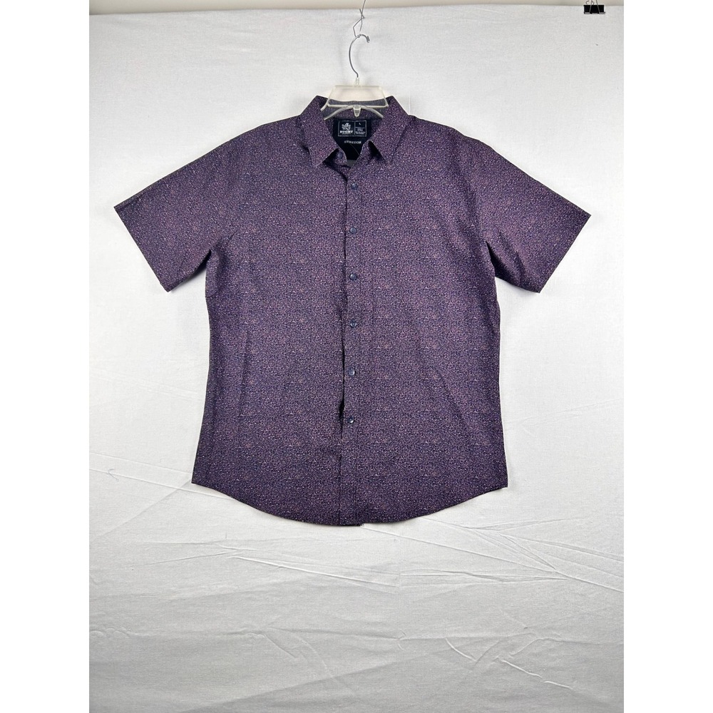 Rugby University Mens L Purple Micro Pattern Stretch Short‎ Sleeve Button Down